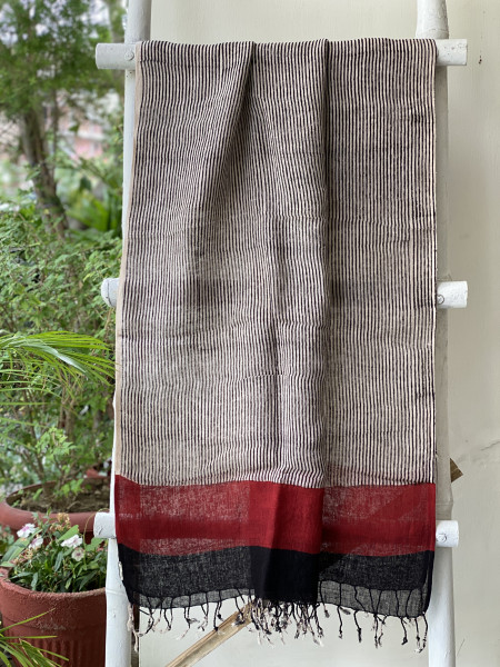 MAROON & BEIGE BLOCK PRINT LINEN DUPATTA SUIT SET