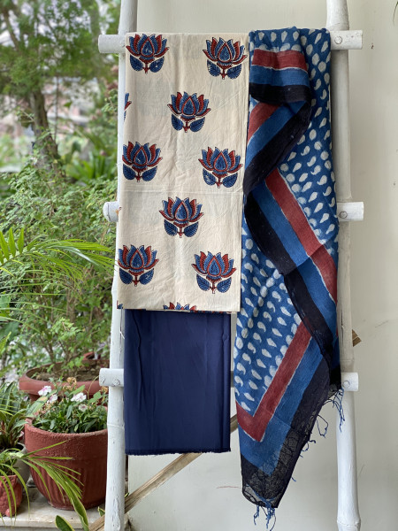 OFF WHITE-INDIGO BLOCK PRINT LINEN DUPATTA SUIT SET