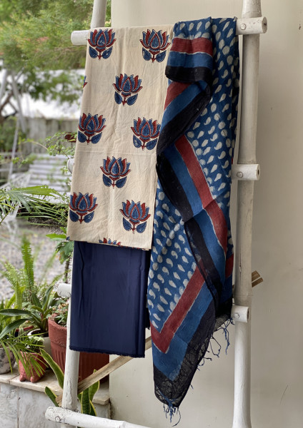 OFF WHITE-INDIGO BLOCK PRINT LINEN DUPATTA SUIT SET