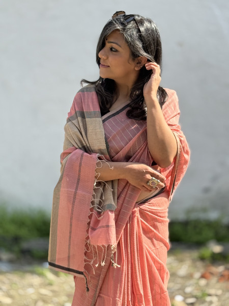 PEACH MAHESHWARI SILK & COTTON SARI