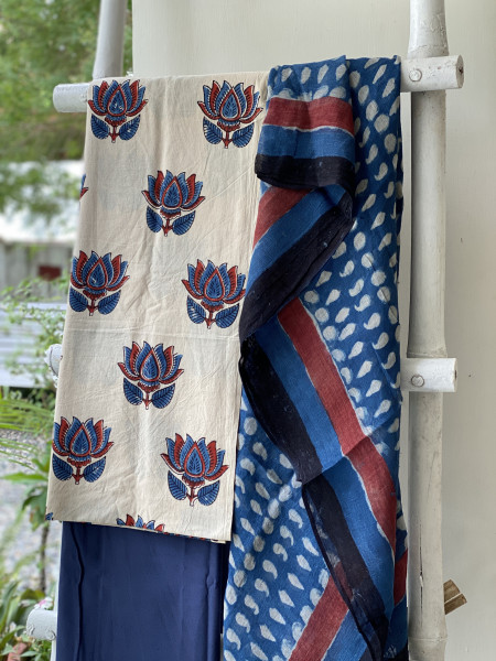 OFF WHITE-INDIGO BLOCK PRINT LINEN DUPATTA SUIT SET