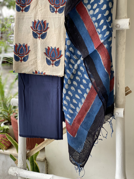 OFF WHITE-INDIGO BLOCK PRINT LINEN DUPATTA SUIT SET