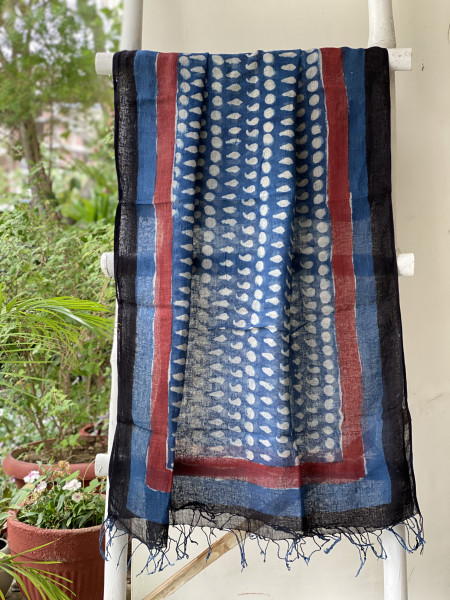 OFF WHITE-INDIGO BLOCK PRINT LINEN DUPATTA SUIT SET