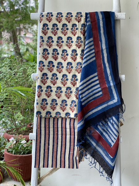 OFF WHITE-INDIGO BLOCK PRINT LINEN DUPATTA SUIT SET