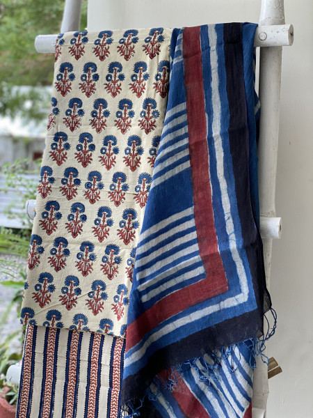OFF WHITE-INDIGO BLOCK PRINT LINEN DUPATTA SUIT SET