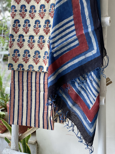 OFF WHITE-INDIGO BLOCK PRINT LINEN DUPATTA SUIT SET