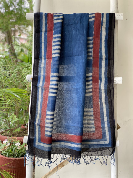 OFF WHITE-INDIGO BLOCK PRINT LINEN DUPATTA SUIT SET