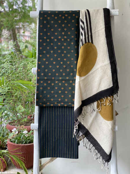 BOTTLE GREEN & BEIGE BLOCK PRINT LINEN DUPATTA SUIT SET