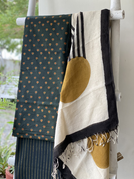 BOTTLE GREEN & BEIGE BLOCK PRINT LINEN DUPATTA SUIT SET