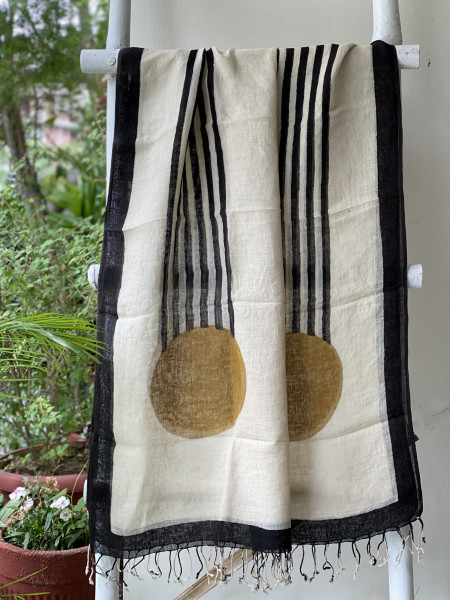 BOTTLE GREEN & BEIGE BLOCK PRINT LINEN DUPATTA SUIT SET