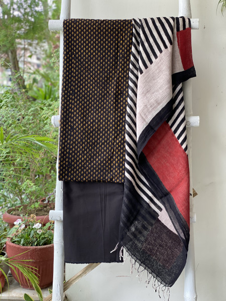 BLACK & BEIGE BLOCK PRINT LINEN DUPATTA SUIT SET