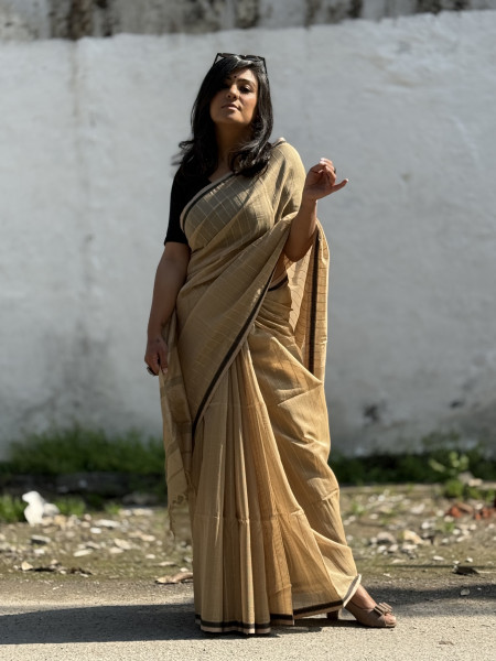 BEIGE MAHESHWARI SILK & COTTON SARI
