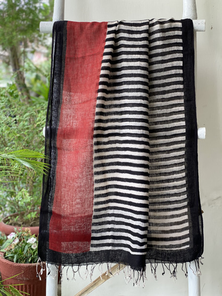 BLACK & BEIGE BLOCK PRINT LINEN DUPATTA SUIT SET