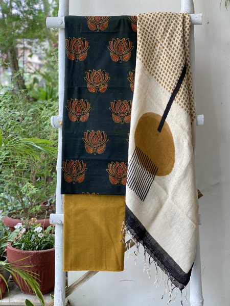 BOTTLE GREEN & BEIGE BLOCK PRINT LINEN DUPATTA SUIT SET