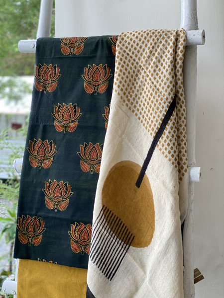 BOTTLE GREEN & BEIGE BLOCK PRINT LINEN DUPATTA SUIT SET