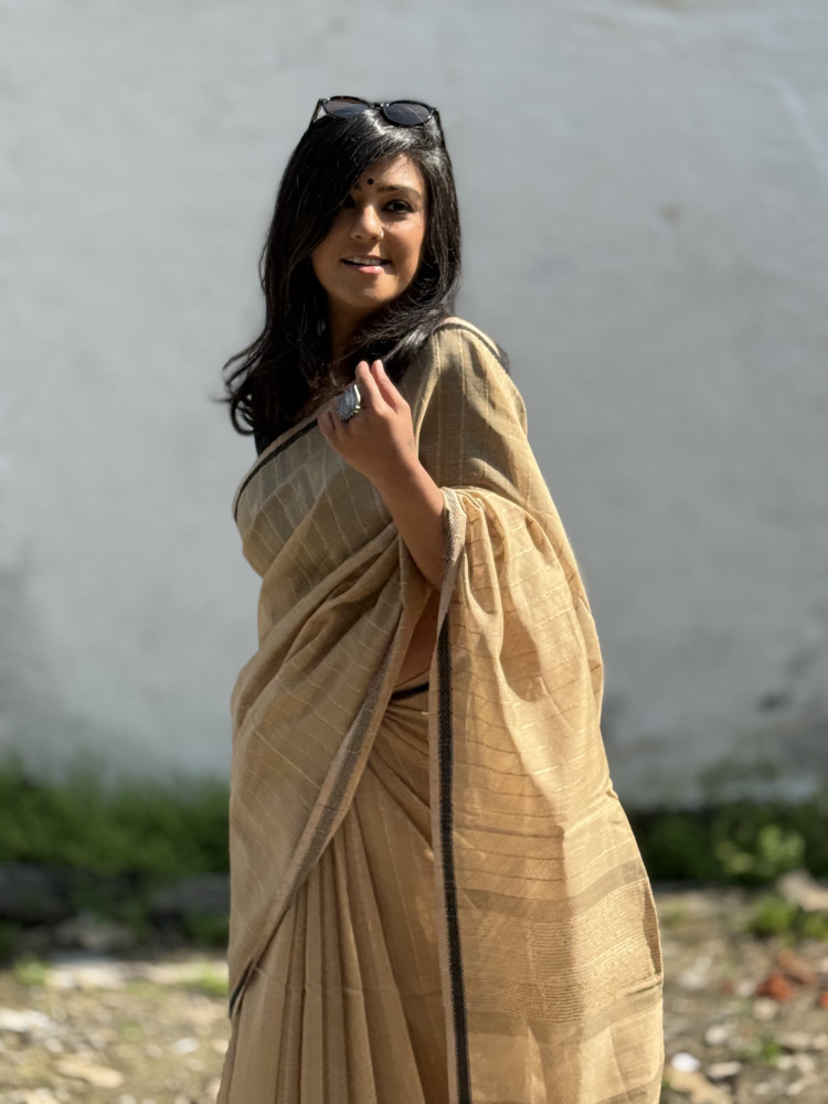 Image of BEIGE MAHESHWARI SILK &amp; COTTON SARI