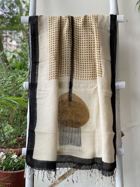 BOTTLE GREEN & BEIGE BLOCK PRINT LINEN DUPATTA SUIT SET