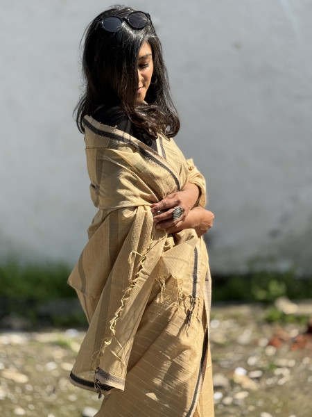 BEIGE MAHESHWARI SILK & COTTON SARI