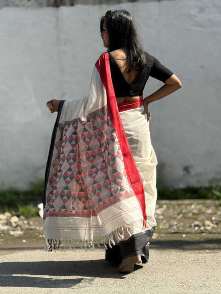 OFF WHITE MAHESHWARI SILK & COTTON SARI