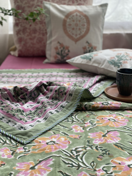 MINT GREEN COTTON BLOCK PRINT REVERSIBLE DOUBLE DOHAR