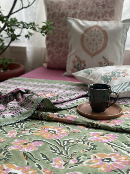 MINT GREEN COTTON BLOCK PRINT REVERSIBLE DOUBLE DOHAR