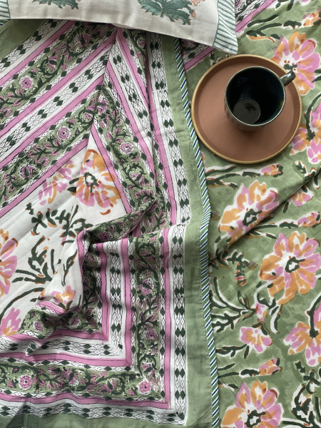 MINT GREEN COTTON BLOCK PRINT REVERSIBLE DOUBLE DOHAR