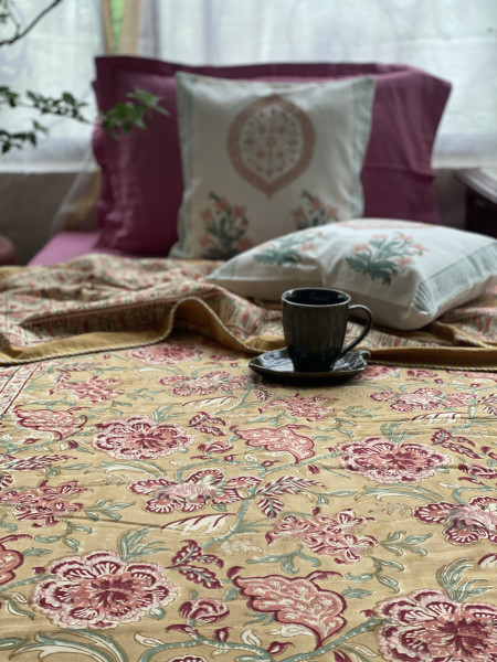 MUSTARD COTTON BLOCK PRINT REVERSIBLE DOUBLE DOHAR