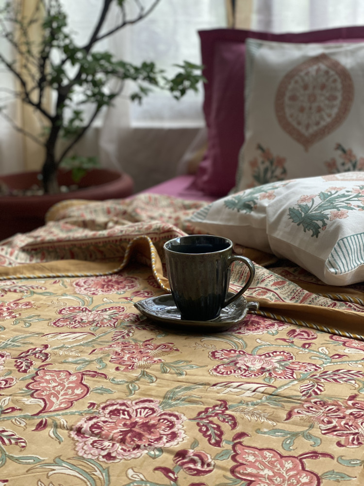 Image of MUSTARD COTTON BLOCK PRINT REVERSIBLE DOUBLE DOHAR