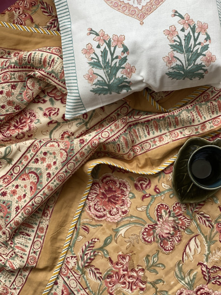 MUSTARD COTTON BLOCK PRINT REVERSIBLE DOUBLE DOHAR