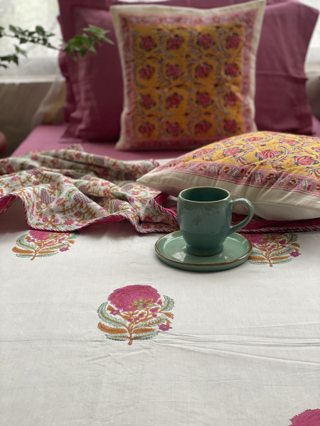 OFF WHITE COTTON BLOCK PRINT REVERSIBLE DOUBLE DOHAR