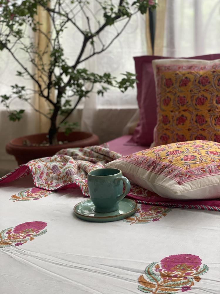 Image of OFF WHITE COTTON BLOCK PRINT REVERSIBLE DOUBLE DOHAR