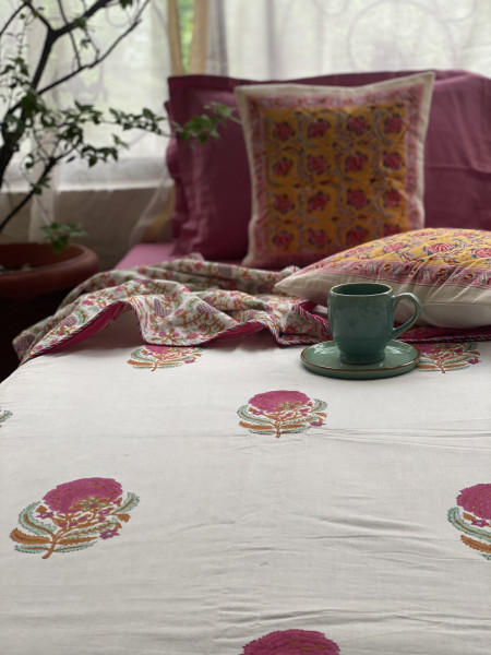 OFF WHITE COTTON BLOCK PRINT REVERSIBLE DOUBLE DOHAR