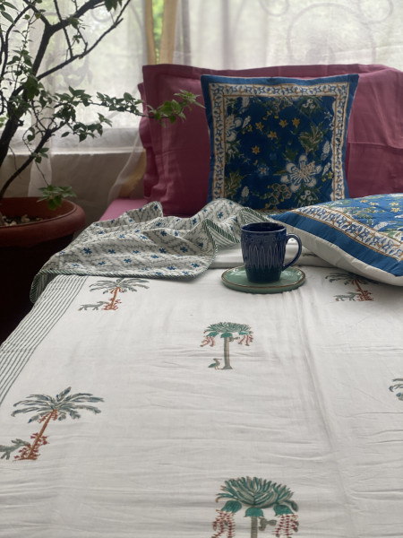 OFF WHITE COTTON BLOCK PRINT REVERSIBLE DOUBLE DOHAR