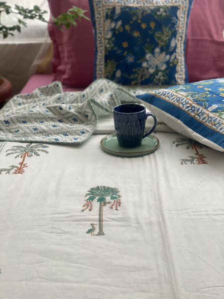OFF WHITE COTTON BLOCK PRINT REVERSIBLE DOUBLE DOHAR