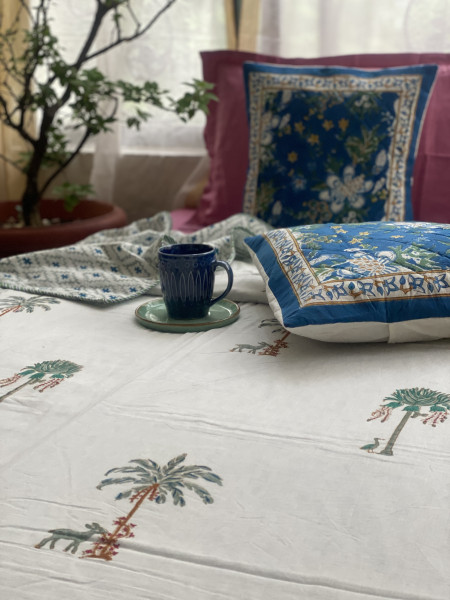 OFF WHITE COTTON BLOCK PRINT REVERSIBLE DOUBLE DOHAR