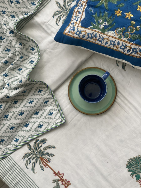 OFF WHITE COTTON BLOCK PRINT REVERSIBLE DOUBLE DOHAR