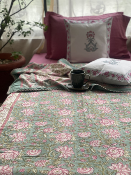 SEA GREEN COTTON BLOCK PRINT REVERSIBLE DOUBLE DOHAR