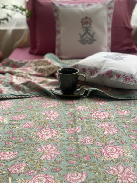 SEA GREEN COTTON BLOCK PRINT REVERSIBLE DOUBLE DOHAR