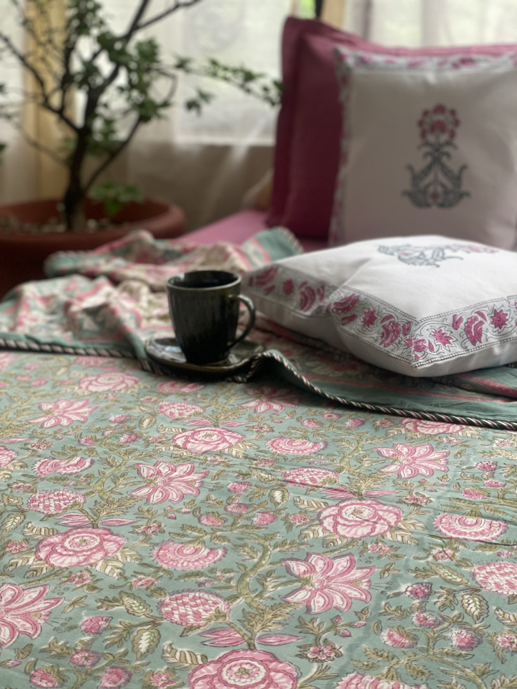 Image of SEA GREEN COTTON BLOCK PRINT REVERSIBLE DOUBLE DOHAR