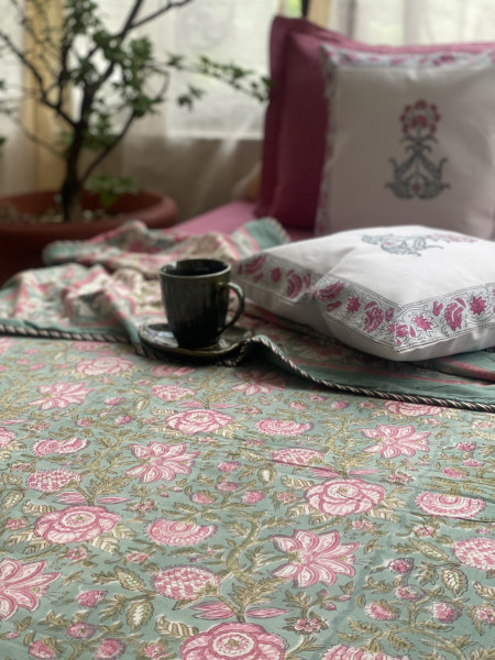 SEA GREEN COTTON BLOCK PRINT REVERSIBLE DOUBLE DOHAR