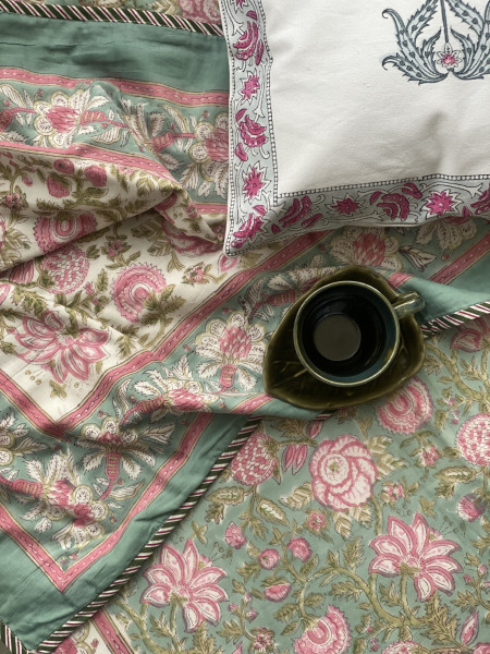 SEA GREEN COTTON BLOCK PRINT REVERSIBLE DOUBLE DOHAR