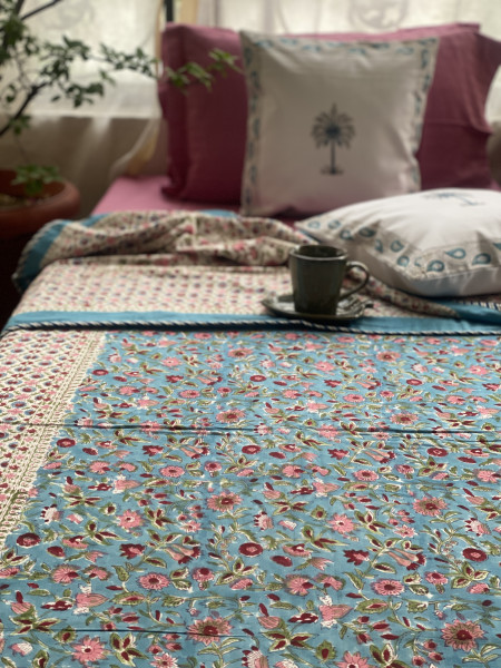 BLUE COTTON BLOCK PRINT REVERSIBLE DOUBLE DOHAR