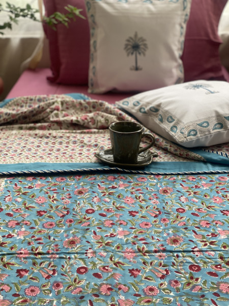 BLUE COTTON BLOCK PRINT REVERSIBLE DOUBLE DOHAR