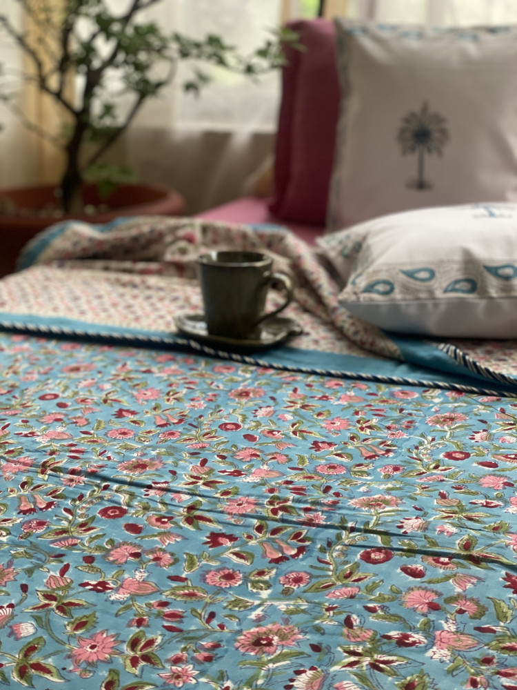 Image of BLUE COTTON BLOCK PRINT REVERSIBLE DOUBLE DOHAR