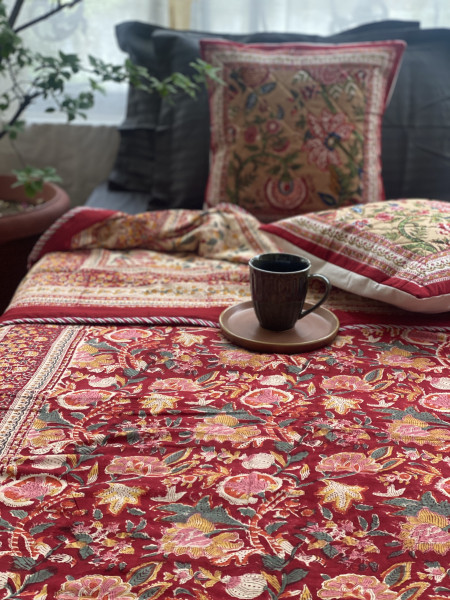 RED COTTON BLOCK PRINT REVERSIBLE DOUBLE DOHAR