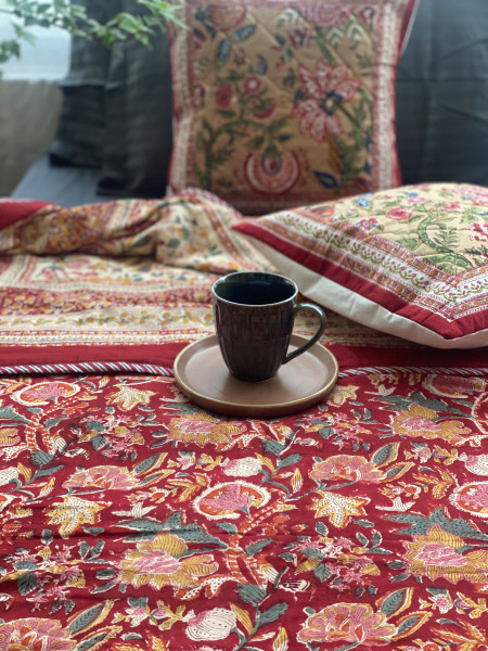 RED COTTON BLOCK PRINT REVERSIBLE DOUBLE DOHAR