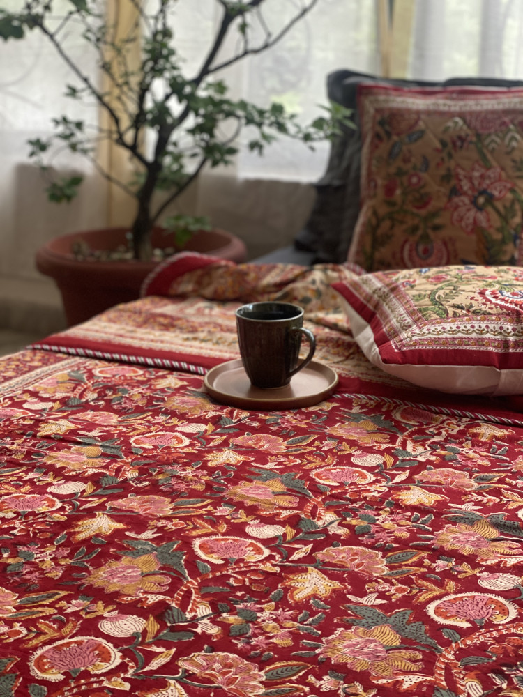 Image of RED COTTON BLOCK PRINT REVERSIBLE DOUBLE DOHAR