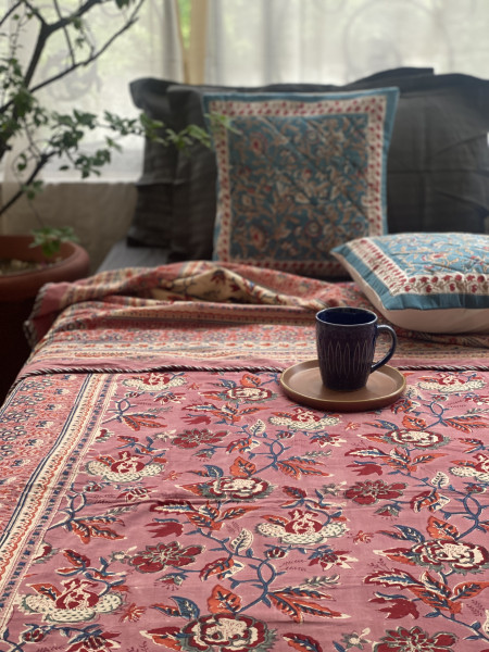 SALMON COTTON BLOCK PRINT REVERSIBLE DOUBLE DOHAR