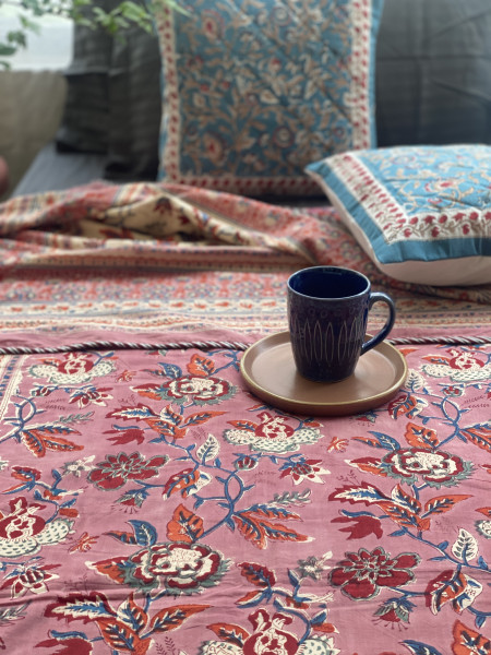 SALMON COTTON BLOCK PRINT REVERSIBLE DOUBLE DOHAR