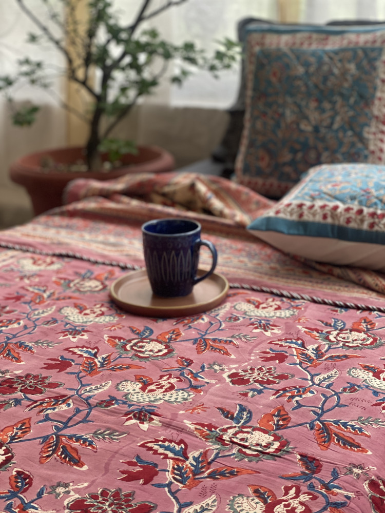 Image of SALMON COTTON BLOCK PRINT REVERSIBLE DOUBLE DOHAR